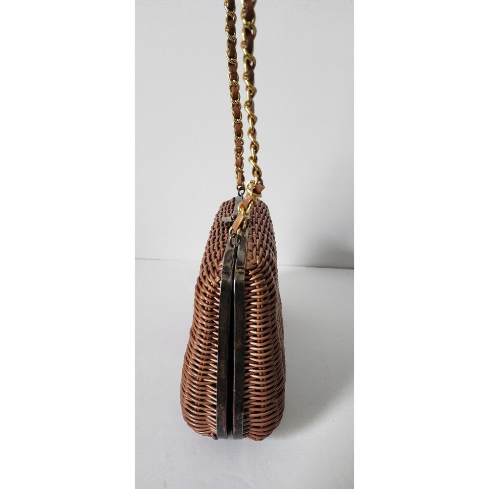 Vintage Tandem Faux Straw Bag Crossbody Purse Chain Strap Brown Gold Retro - Picture 3 of 16